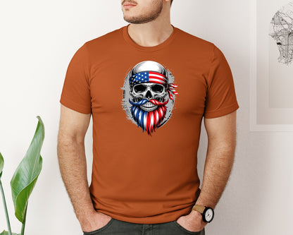 brand:Bella Canvas|color:Autumn|Skull American Flag Beard Bandana Graphic T-Shirt