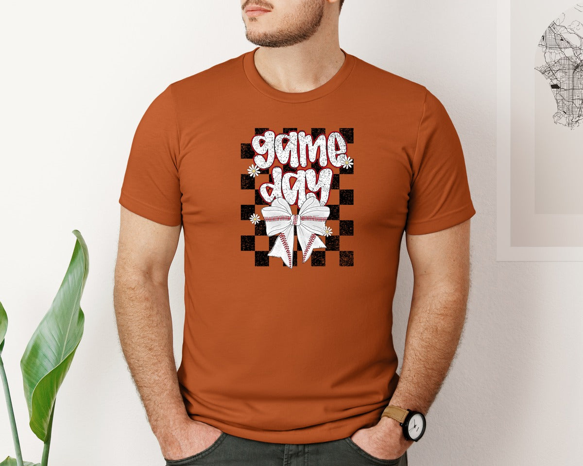 brand:Bella Canvas|color:Autumn|Checkered Baseball Game Day Graphic T-Shirt