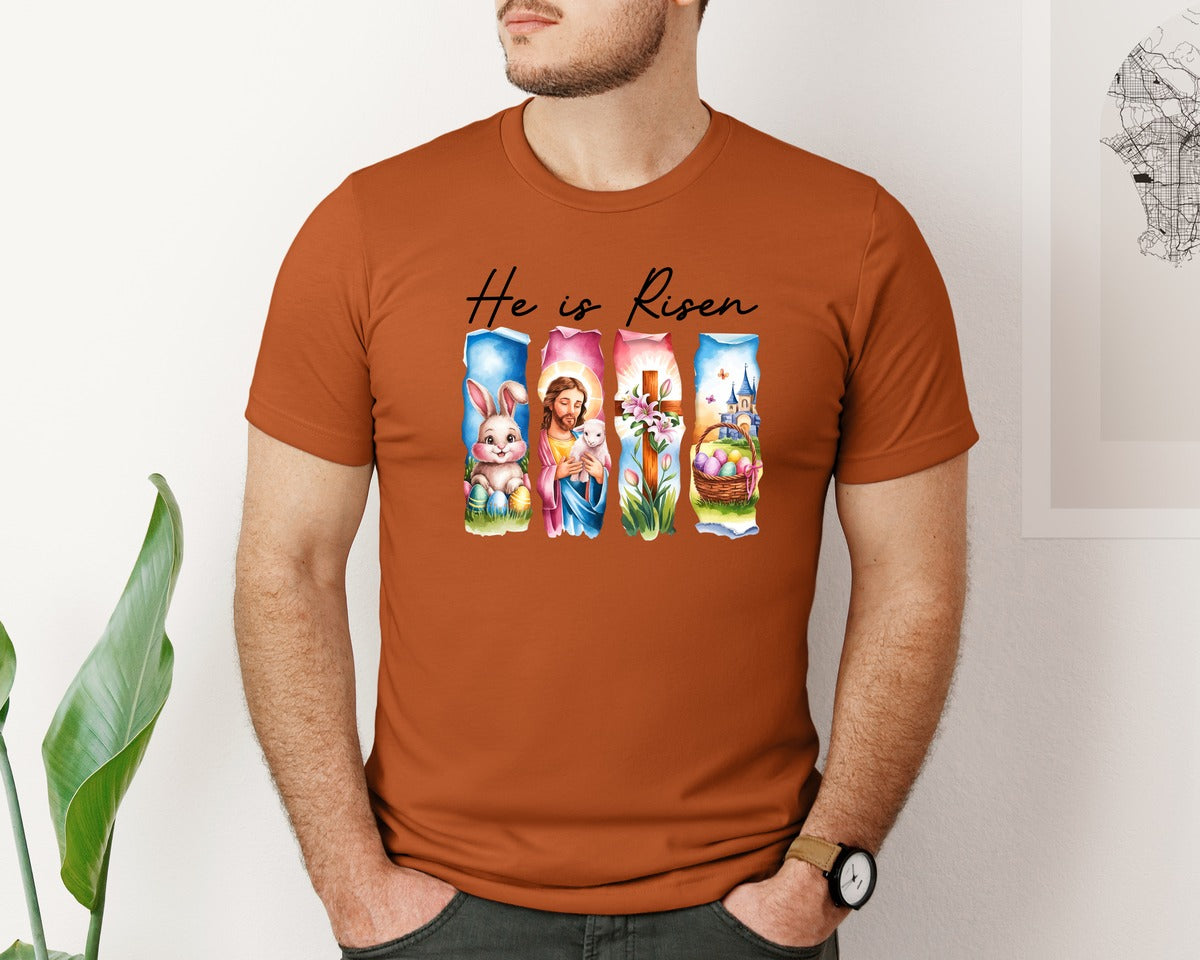 brand:Bella Canvas|color:Autumn|He Is Risen Easter Jesus Christian Graphic T-Shirt
