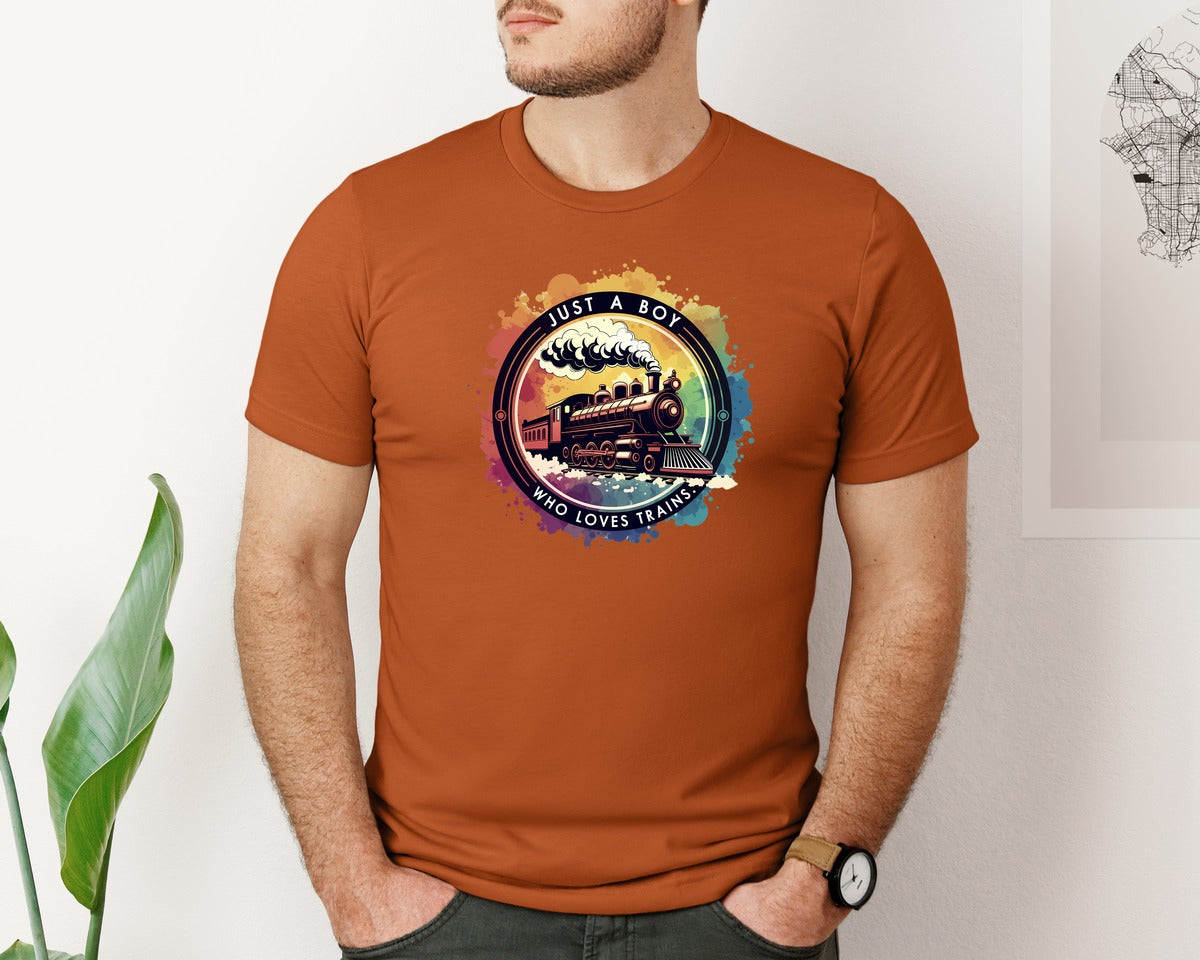 brand:Bella Canvas|color:Autumn|Just A Boy Who Loves Trains Graphic T-Shirt
