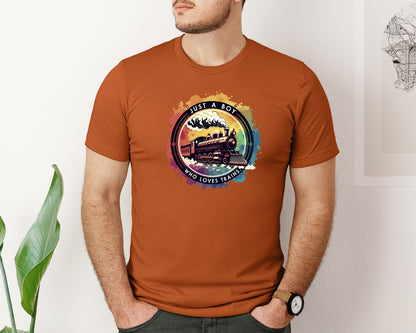 brand:Bella Canvas|color:Autumn|Just A Boy Who Loves Trains Graphic T-Shirt