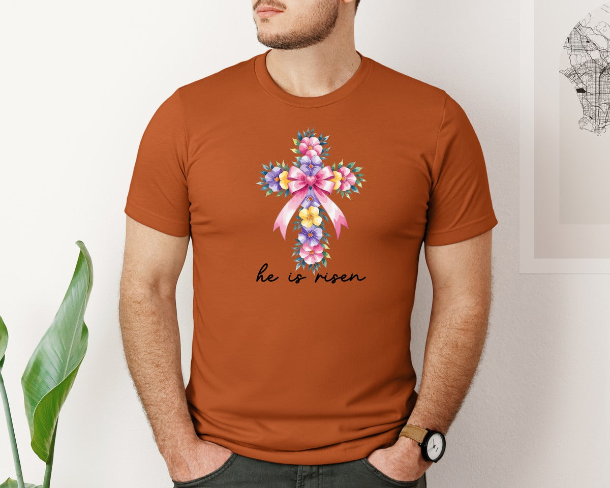 brand:Bella Canvas|color:Autumn|Watercolor Cross Easter Bible Verse Graphic T-Shirt