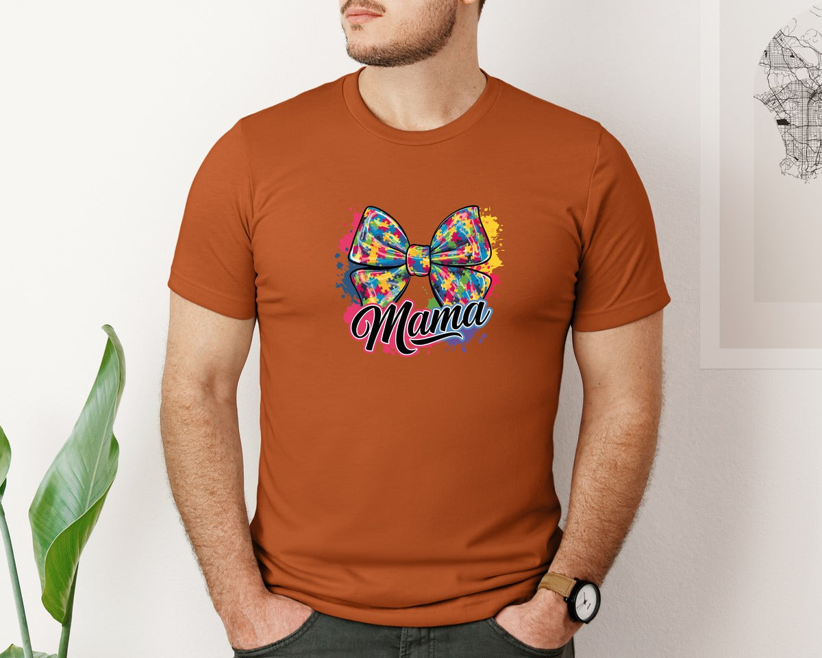 brand:Bella Canvas|color:Autumn|Autism Mama Colorful Puzzle Bow Art Graphic T-Shirt