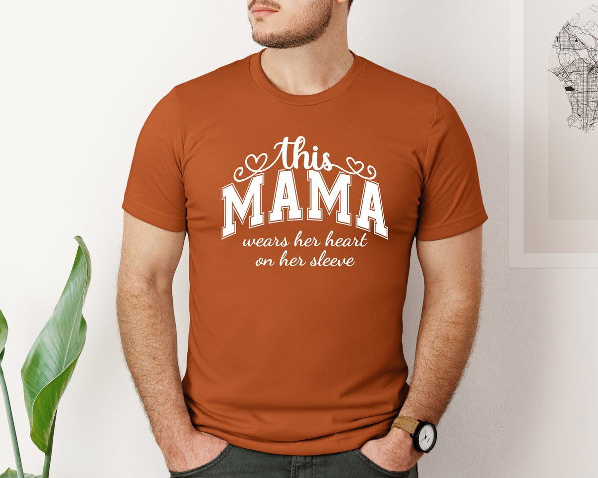 brand:Bella Canvas|color:Autumn|This Mama Wears Her Heart On Her Sleeve 74 Graphic T-Shirt