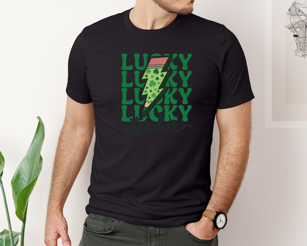 brand:Bella Canvas|color:Black|Lucky Teacher St Patricks Day 10 Graphic T-Shirt