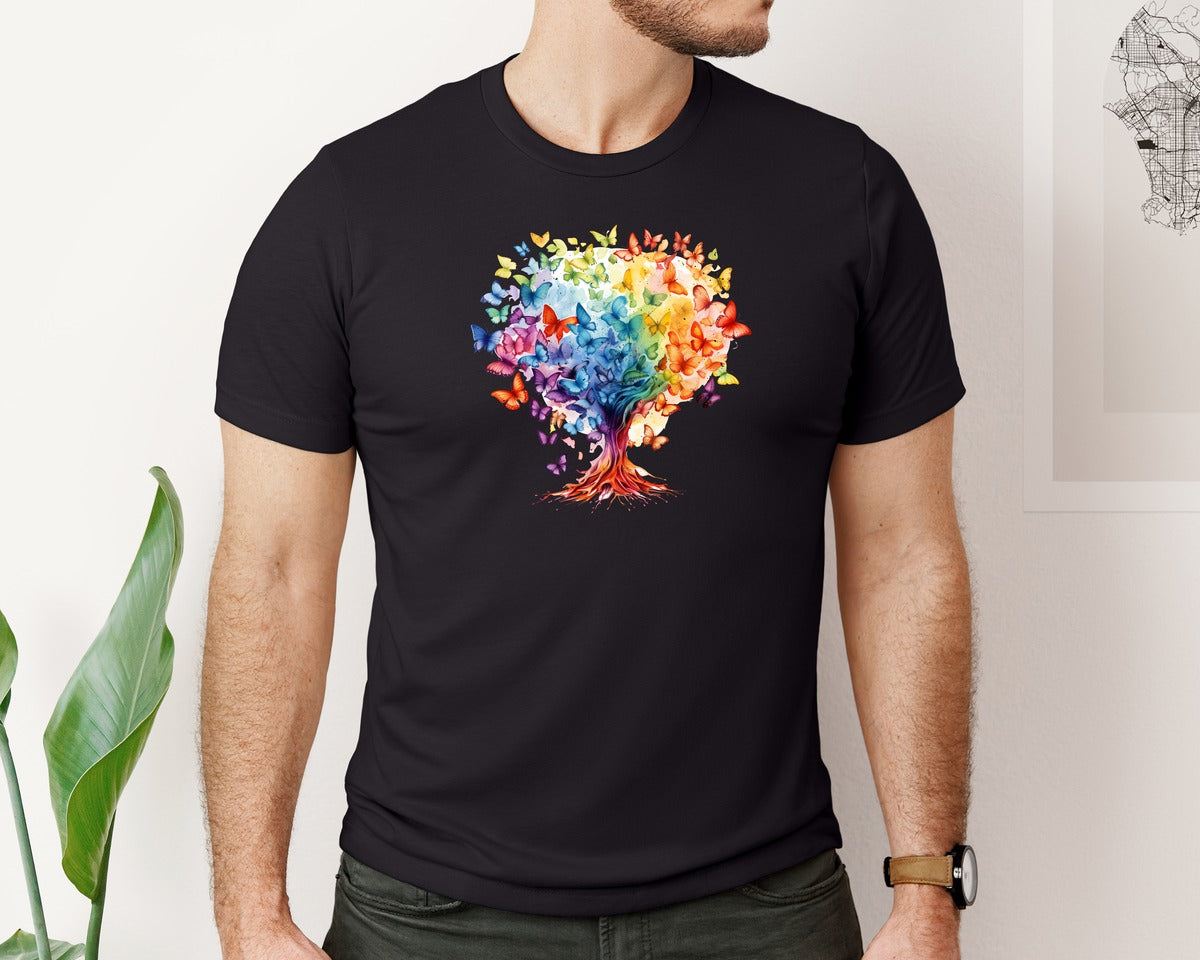 brand:Bella Canvas|color:Black|Autism Awareness Rainbow Butterfly Tree Graphic T-Shirt