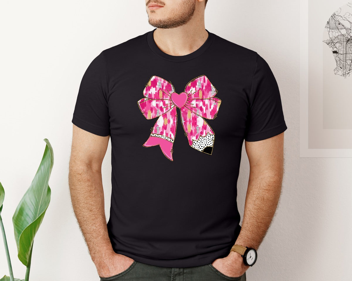 brand:Bella Canvas|color:Black|Teacher Valentine Coquette Pencil Bow 2 Graphic T-Shirt