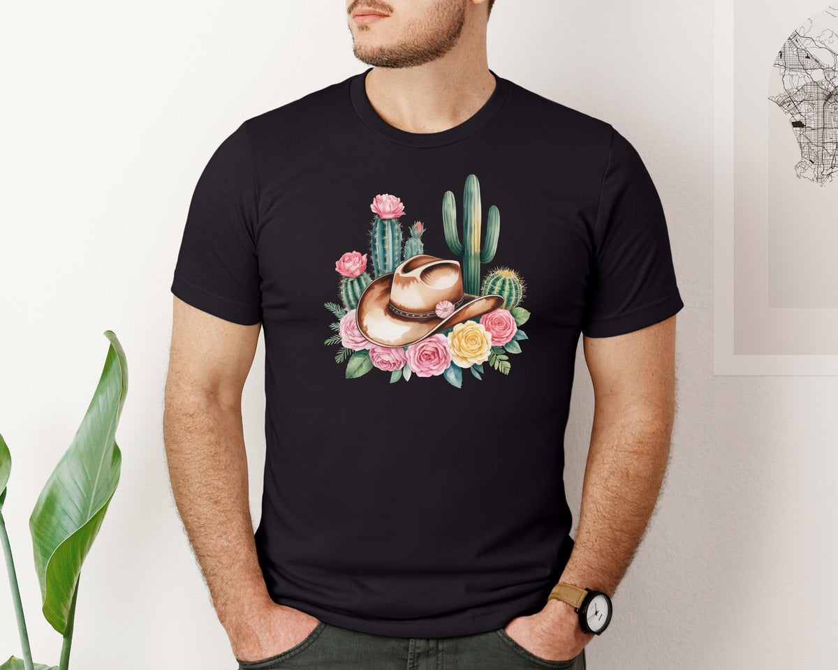 brand:Bella Canvas|color:Black|Cowgirl Hat Cactus Flowers Graphic T-Shirt