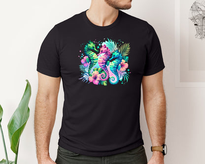 brand:Bella Canvas|color:Black|Ocean Seahorse Tropical Flowers Graphic T-Shirt