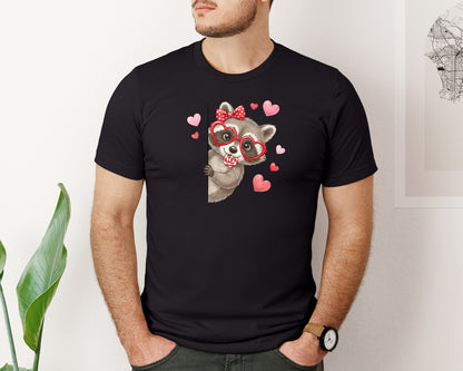 brand:Bella Canvas|color:Black|Valentine Raccoon Peeking With Heart Graphic T-Shirt