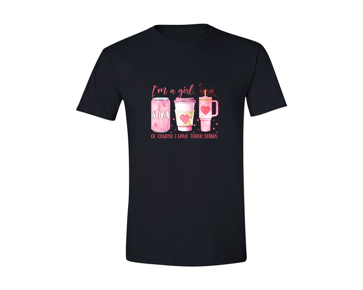 brand:Generic|color:Black|Three Drinks Girl Quote Im A Girl Graphic T-Shirt