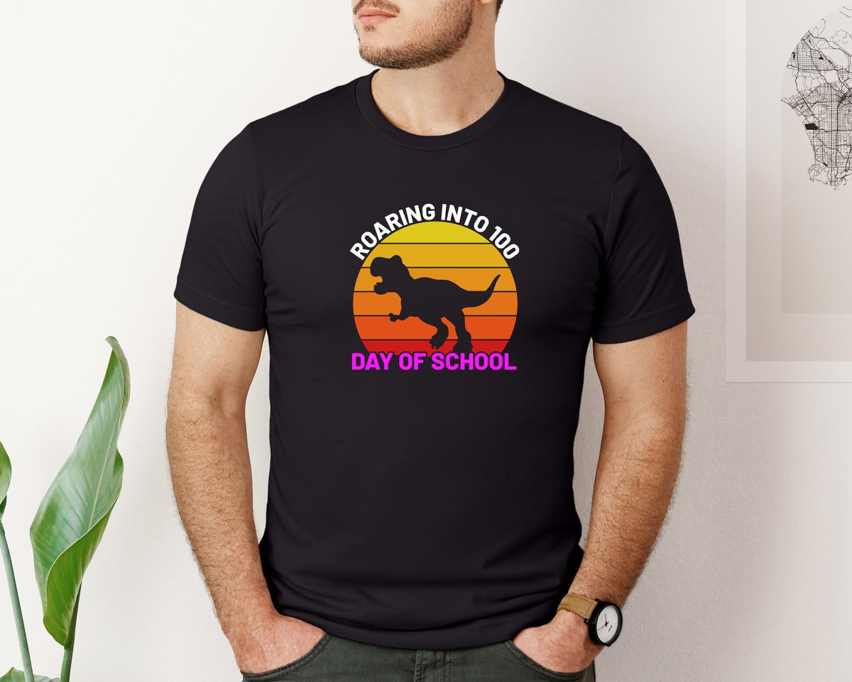 brand:Bella Canvas|color:Black|Roaring Into 100 Day Of School Shirt 2 Graphic T-Shirt
