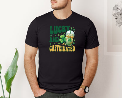 brand:Bella Canvas|color:Black|St Patricks Day Lucky And Caffeinated Graphic T-Shirt
