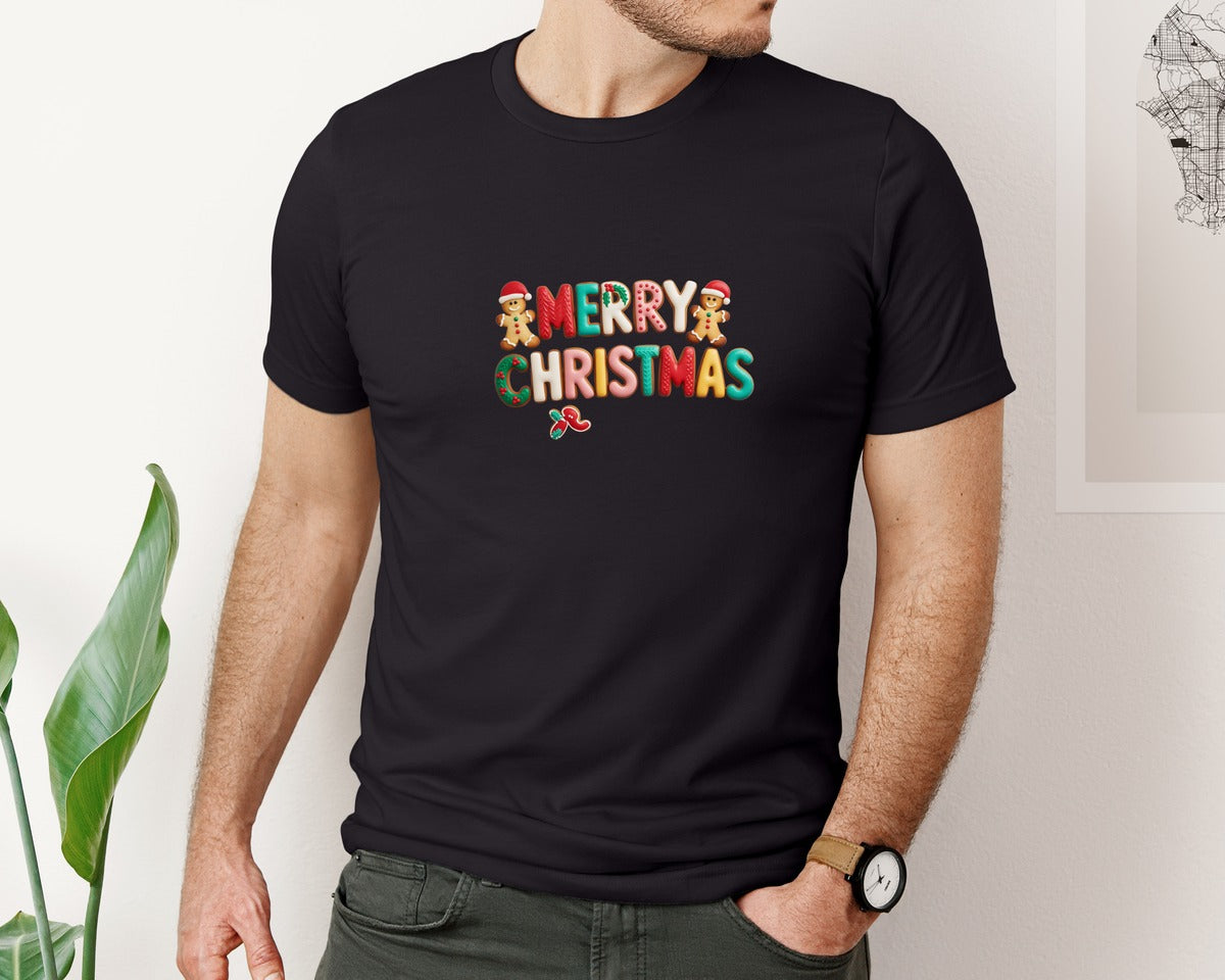brand:Bella Canvas|color:Black|Crochet Gingerbread Christmas Alphabet P Graphic T-Shirt