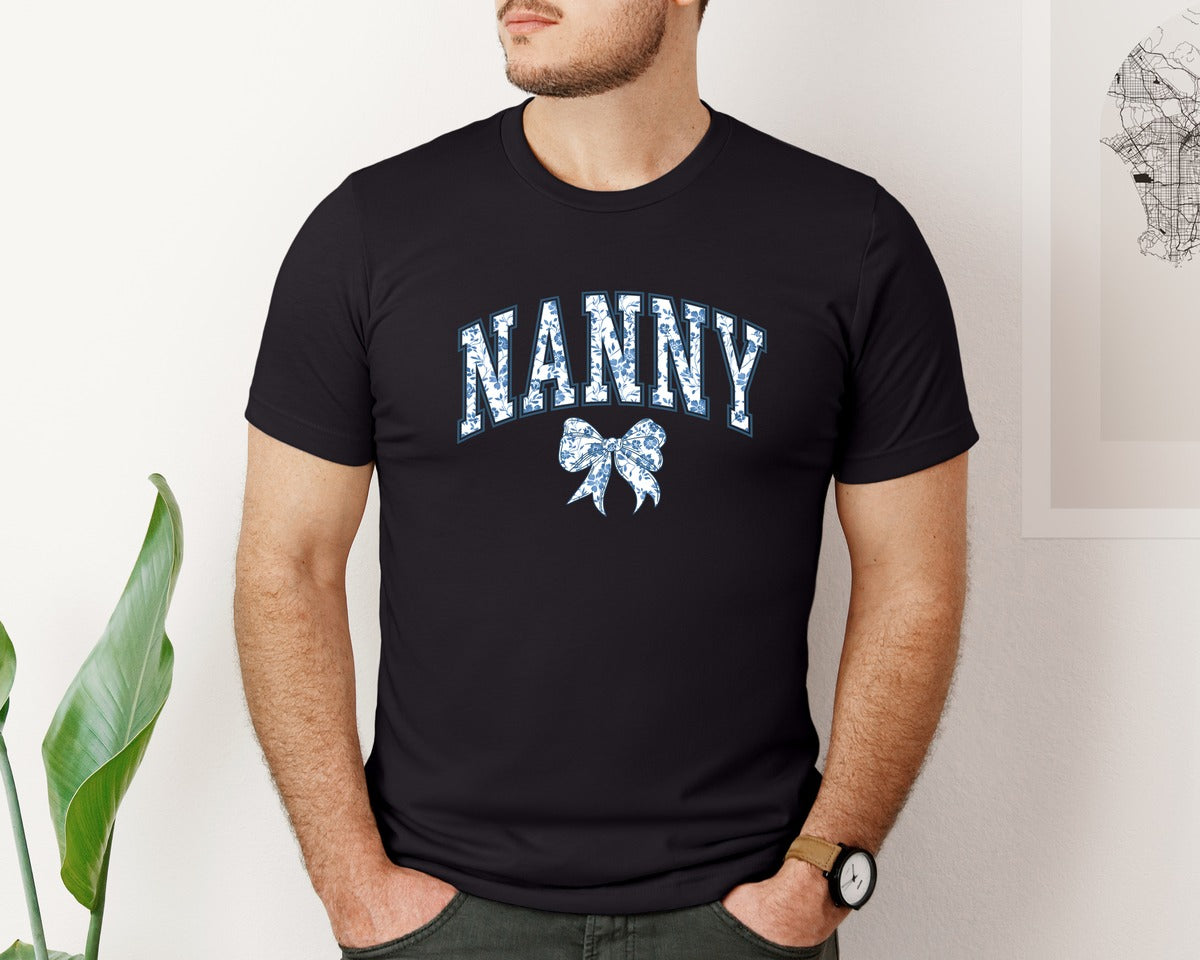 brand:Bella Canvas|color:Black|Nanny Chinoiserie Blue Coquette Bow Graphic T-Shirt