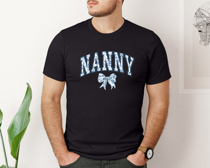 brand:Bella Canvas|color:Black|Nanny Chinoiserie Blue Coquette Bow Graphic T-Shirt