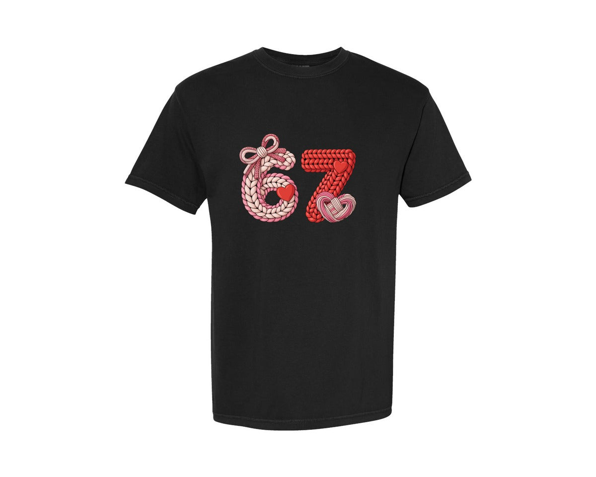 brand:Comfort Colors|color:Black|Knitted Rope Bow Valentine 67 Meme Graphic T-Shirt