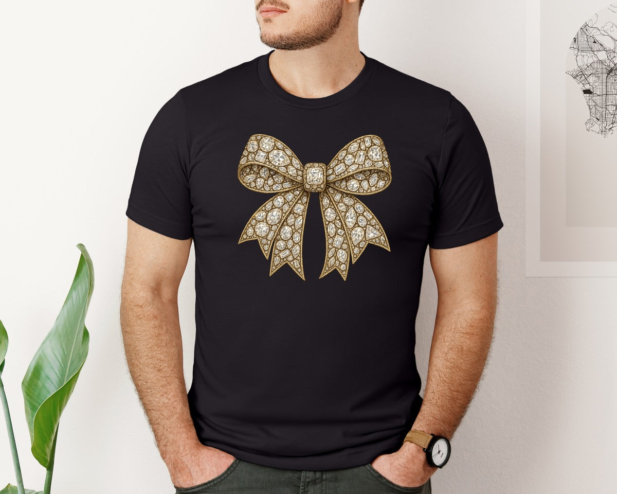 brand:Bella Canvas|color:Black|Faux Rhinestone Bow Graphic T-Shirt