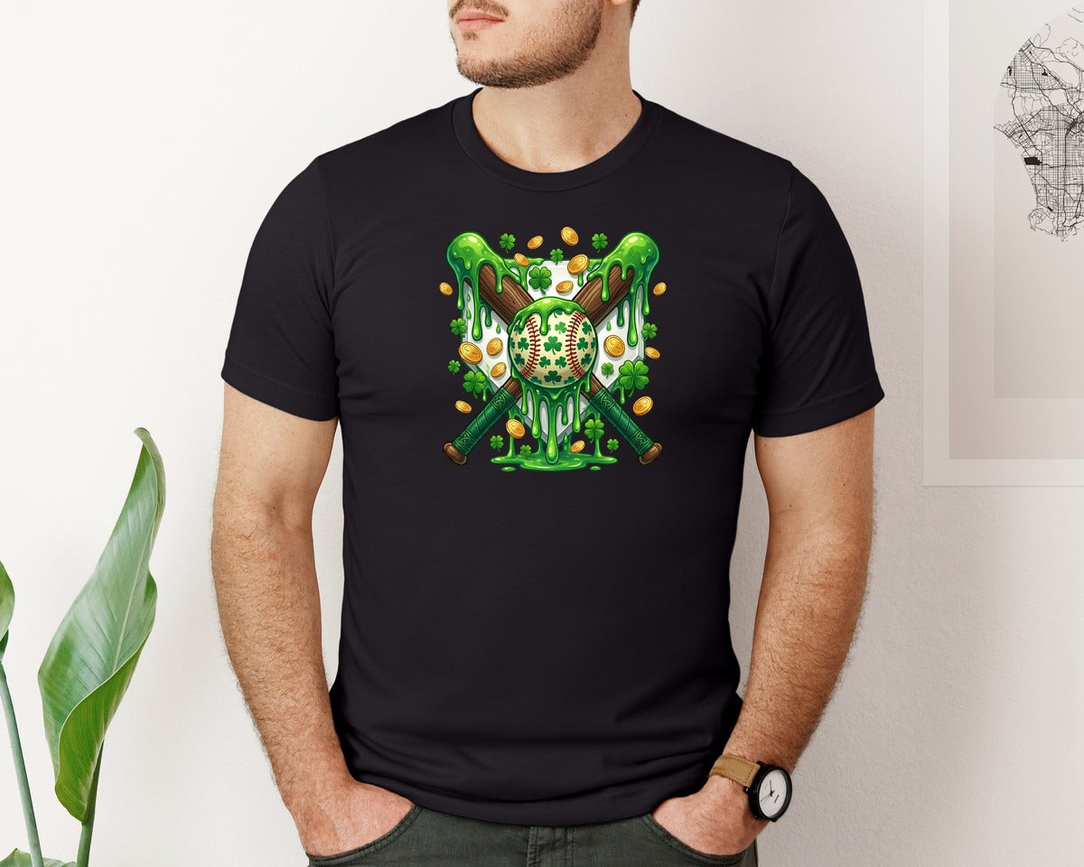 brand:Bella Canvas|color:Black|St Patricks Day Baseball Dripping 5 Graphic T-Shirt