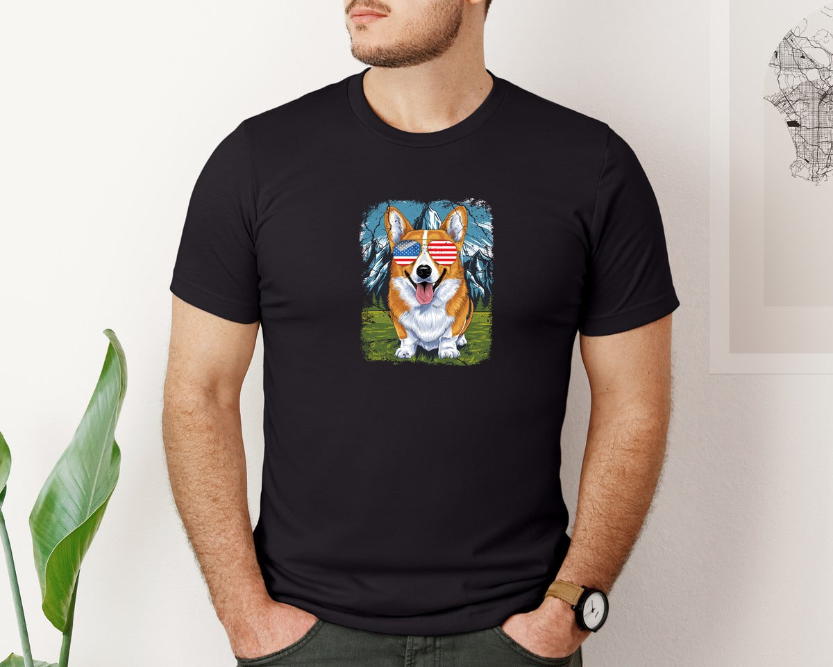 brand:Bella Canvas|color:Black|Corgi American Flag 4Th Of July Graphic T-Shirt