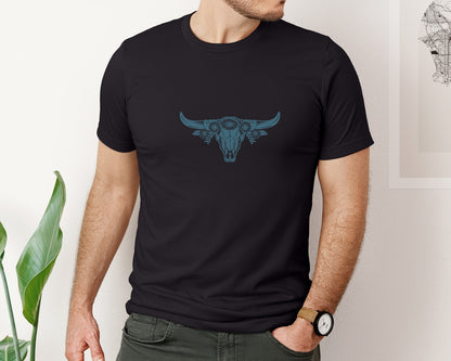brand:Bella Canvas|color:Black|Western Bull Skull Longhorn Boho Flowers 4 Graphic T-Shirt