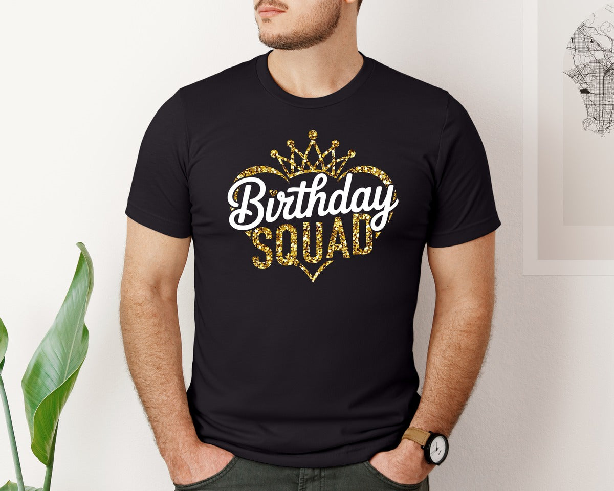 brand:Bella Canvas|color:Black|Birthday Squad Crown Glitter Gold Graphic T-Shirt