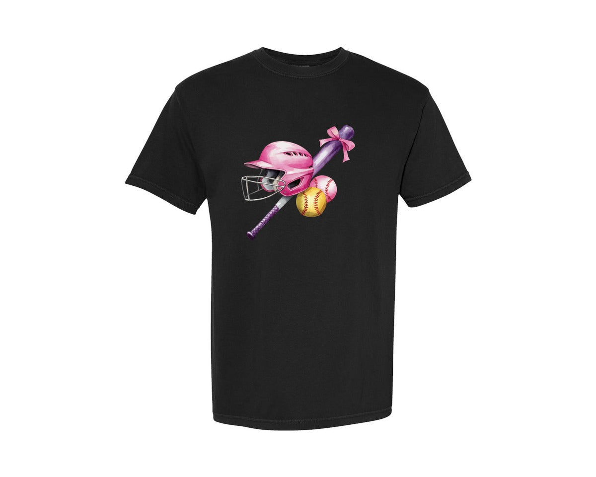 brand:Comfort Colors|color:Black|Coquette Softball Pink Helmet Graphic T-Shirt