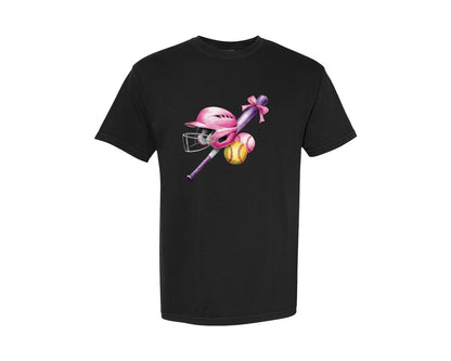 brand:Comfort Colors|color:Black|Coquette Softball Pink Helmet Graphic T-Shirt