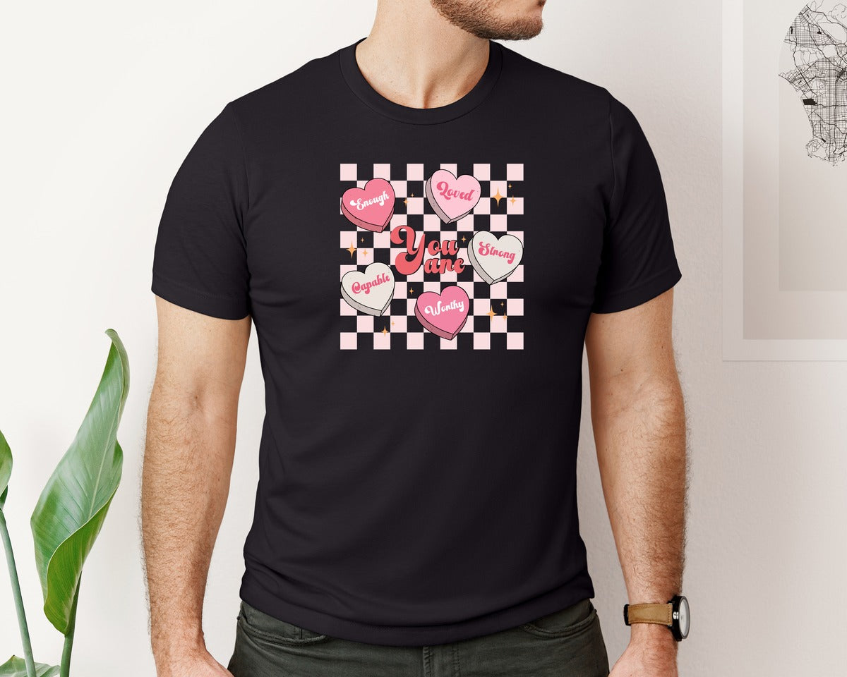 brand:Bella Canvas|color:Black|Retro Valentine You Are Enough 6 Graphic T-Shirt