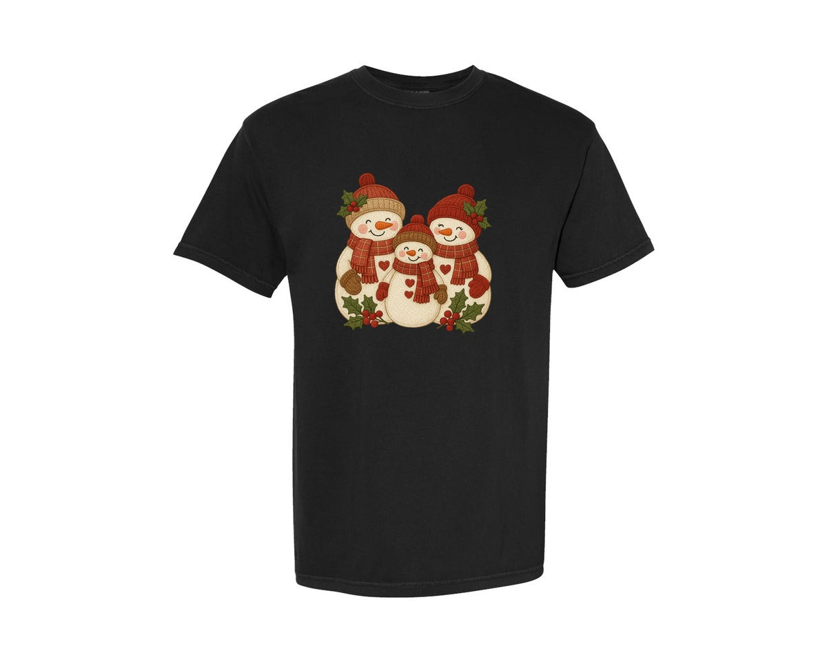 brand:Comfort Colors|color:Black|Faux Embroidery Cute Snowman Family Graphic T-Shirt