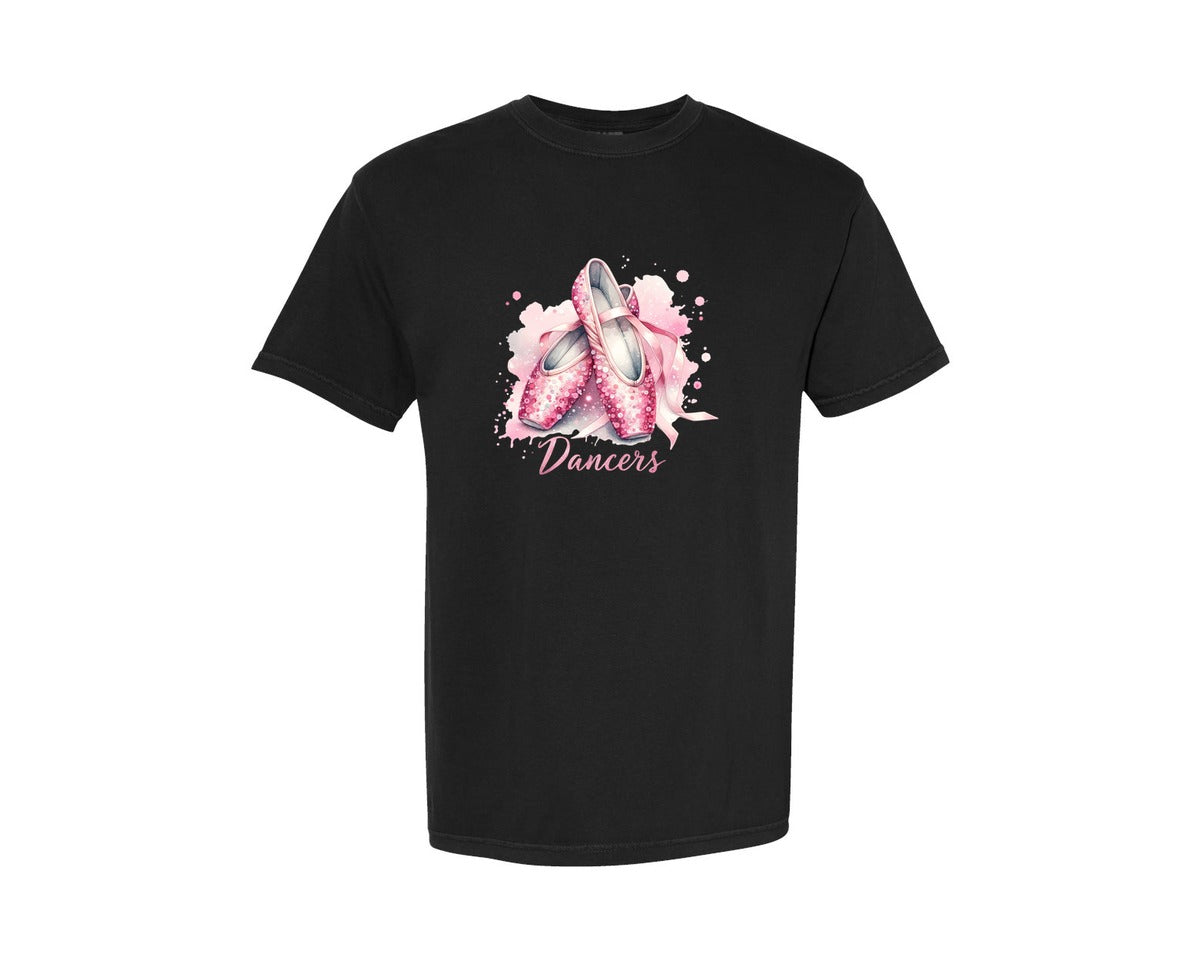 brand:Comfort Colors|color:Black|Pink Glitter Ballet Shoes Dancers Graphic T-Shirt
