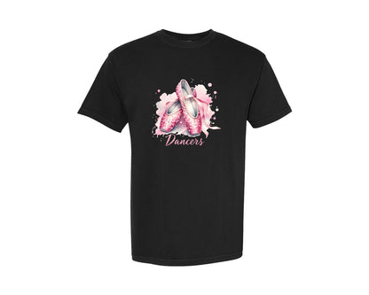 brand:Comfort Colors|color:Black|Pink Glitter Ballet Shoes Dancers Graphic T-Shirt