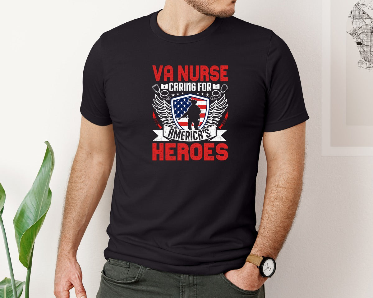brand:Bella Canvas|color:Black|Va Nurse Caring For Heroes Nurse T Shirt Graphic T-Shirt