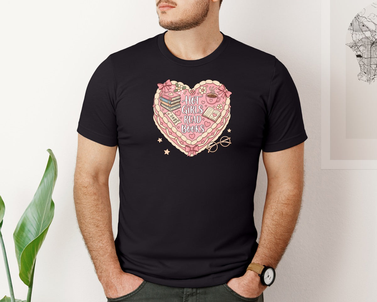 brand:Bella Canvas|color:Black|Hot Girls Read Books Pink Heart Book Graphic T-Shirt