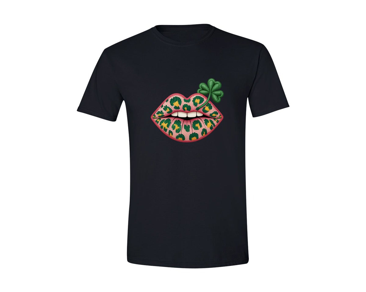 brand:Generic|color:Black|Crochet Shamrock Leopard Lips Kiss Graphic T-Shirt