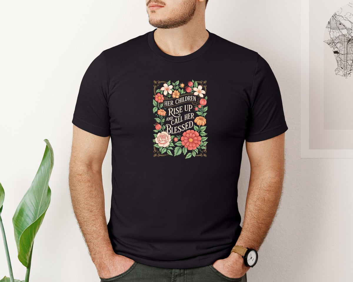brand:Bella Canvas|color:Black|Blessed Mom Floral Bible Quote 4 Graphic T-Shirt