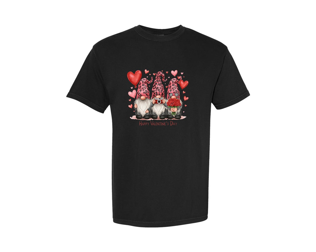 brand:Comfort Colors|color:Black|Happy Valentines Day Three Gnomes Graphic T-Shirt