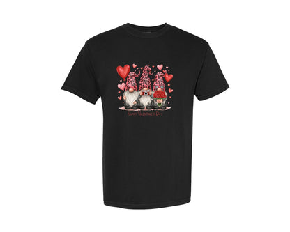 brand:Comfort Colors|color:Black|Happy Valentines Day Three Gnomes Graphic T-Shirt