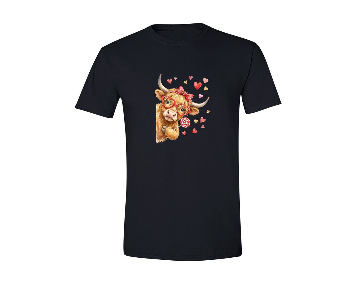 brand:Generic|color:Black|Cute Highland Cow Valentines Day 5 Graphic T-Shirt