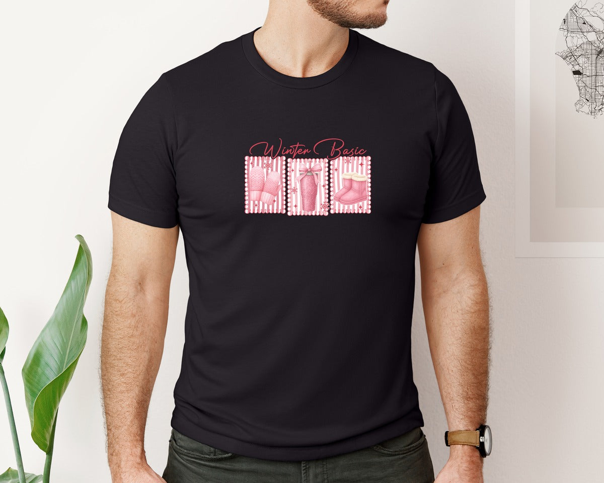 brand:Bella Canvas|color:Black|Winter Basic Pink Cozy Mittens Boot Graphic T-Shirt