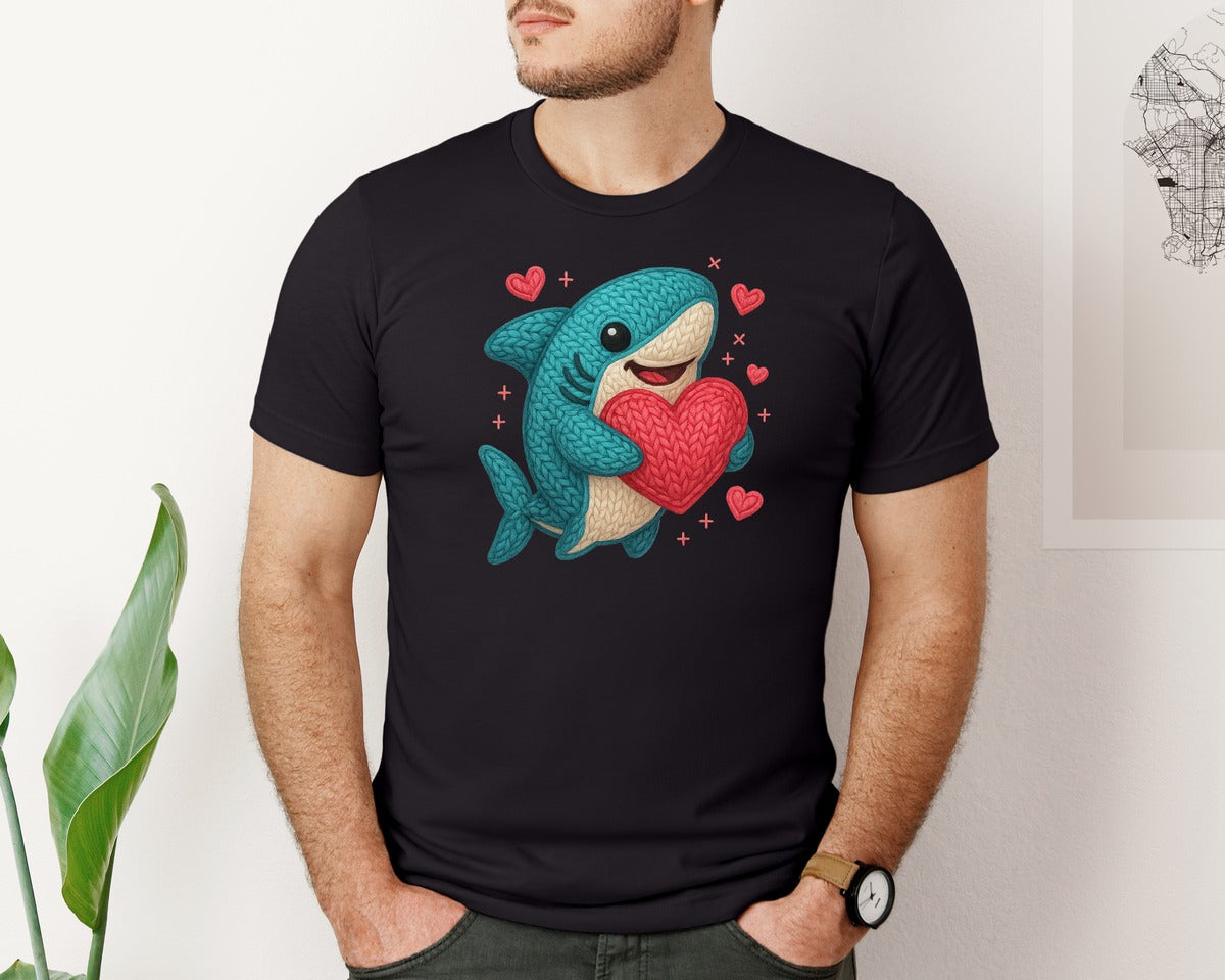 brand:Bella Canvas|color:Black|Crochet Shark Cute Valentine Graphic T-Shirt