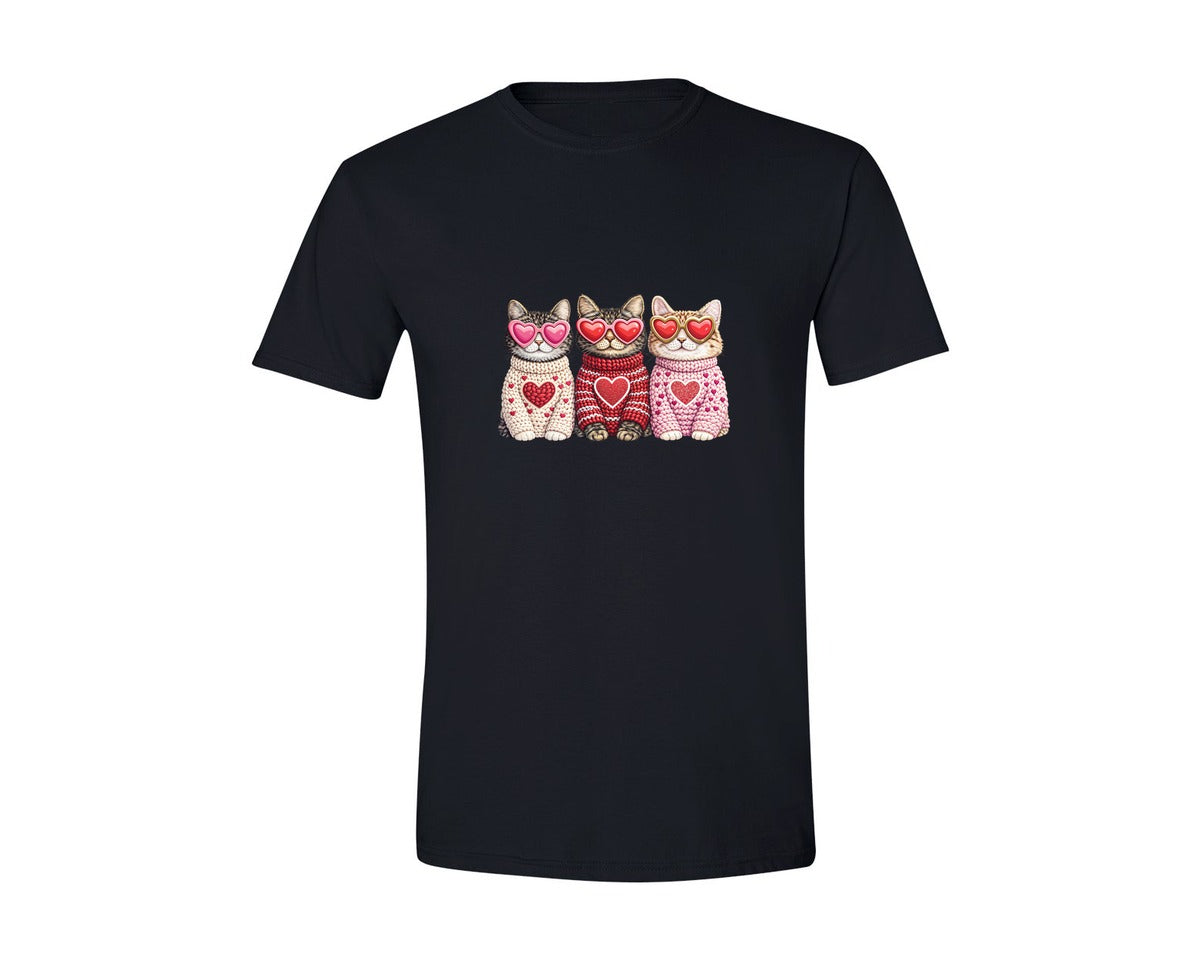 brand:Generic|color:Black|Faux Crochet Valentines Day Cat Graphic T-Shirt