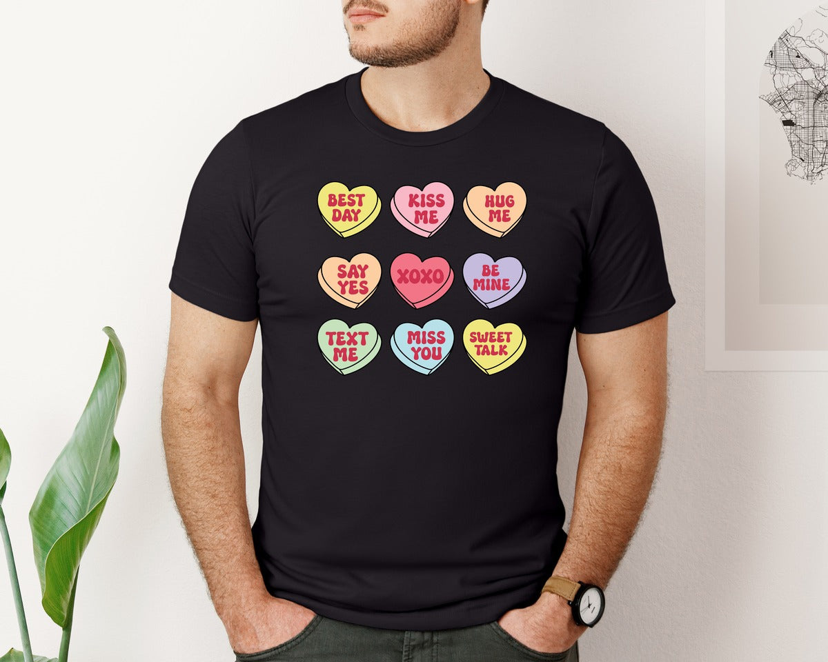 brand:Bella Canvas|color:Black|Conversation Hearts Valentines Day Graphic T-Shirt