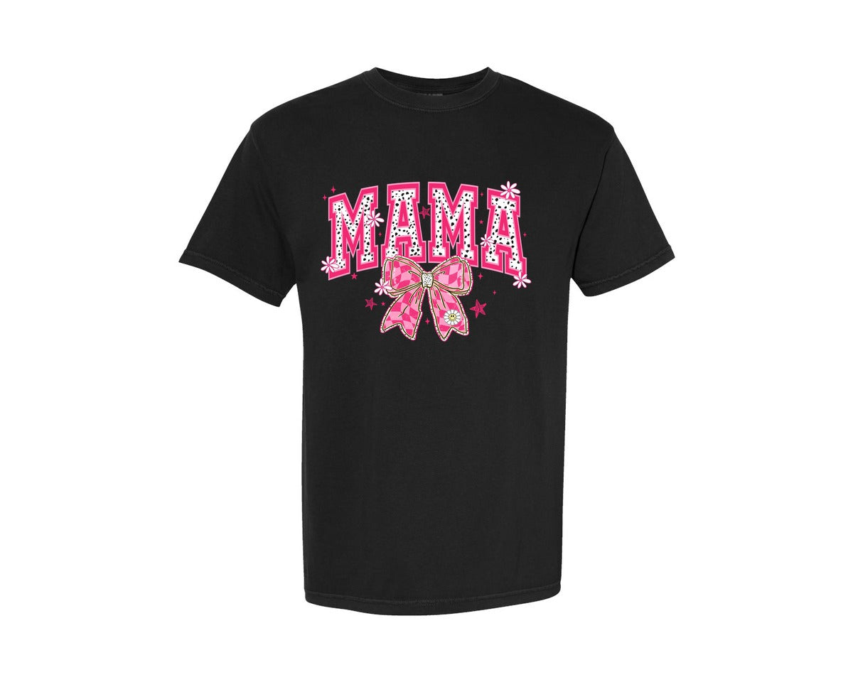 brand:Comfort Colors|color:Black|Coquette Mama Pink Bow Retro Spring Graphic T-Shirt