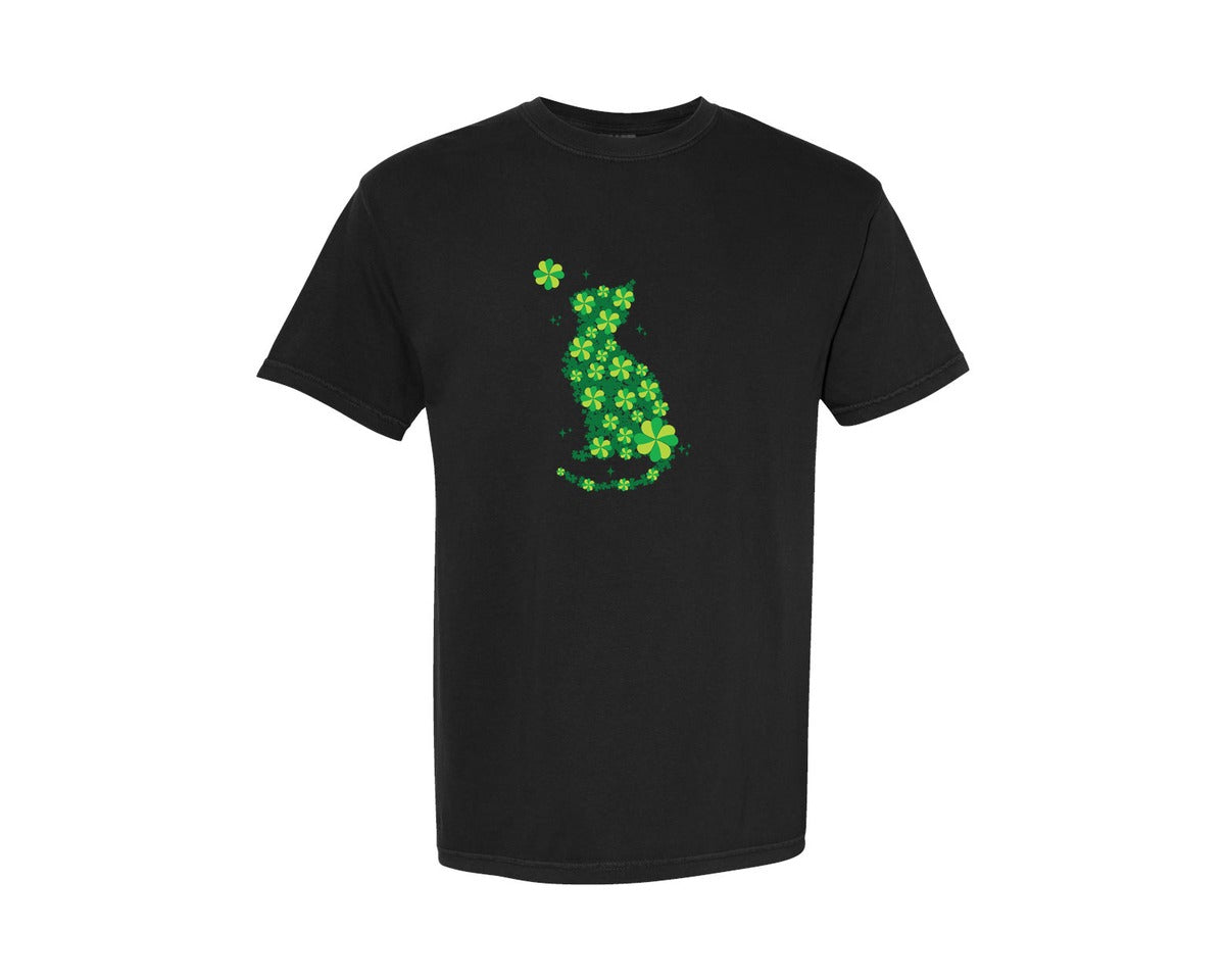 brand:Comfort Colors|color:Black|St Patricks Shamrock Cat Graphic T-Shirt