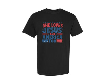 brand:Comfort Colors|color:Black|She Loves Jesus Rustic Usa Design Graphic T-Shirt