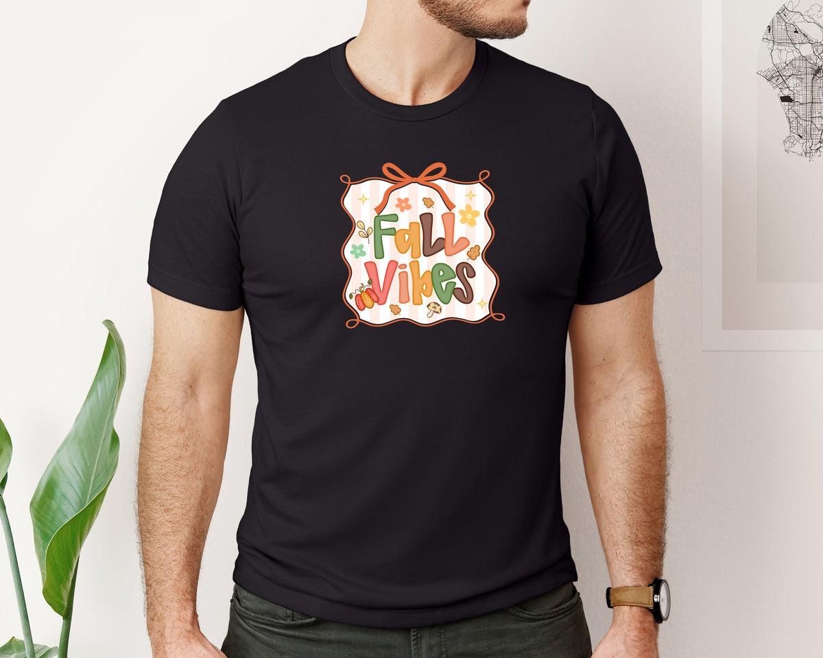 brand:Bella Canvas|color:Black|Preppy Fall Vibes Fall Coquette Graphic T-Shirt