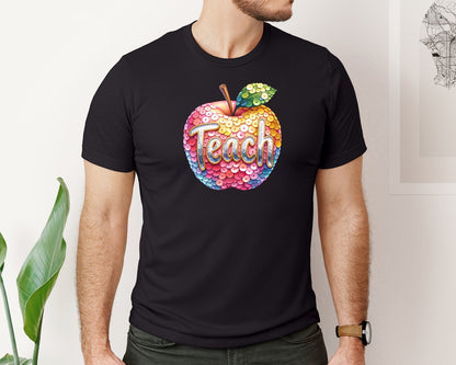 brand:Bella Canvas|color:Black|School Teach Sequin Apple Graphic T-Shirt