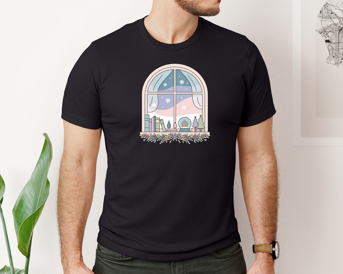 brand:Bella Canvas|color:Black|Christmas Window Book Lovers Graphic T-Shirt