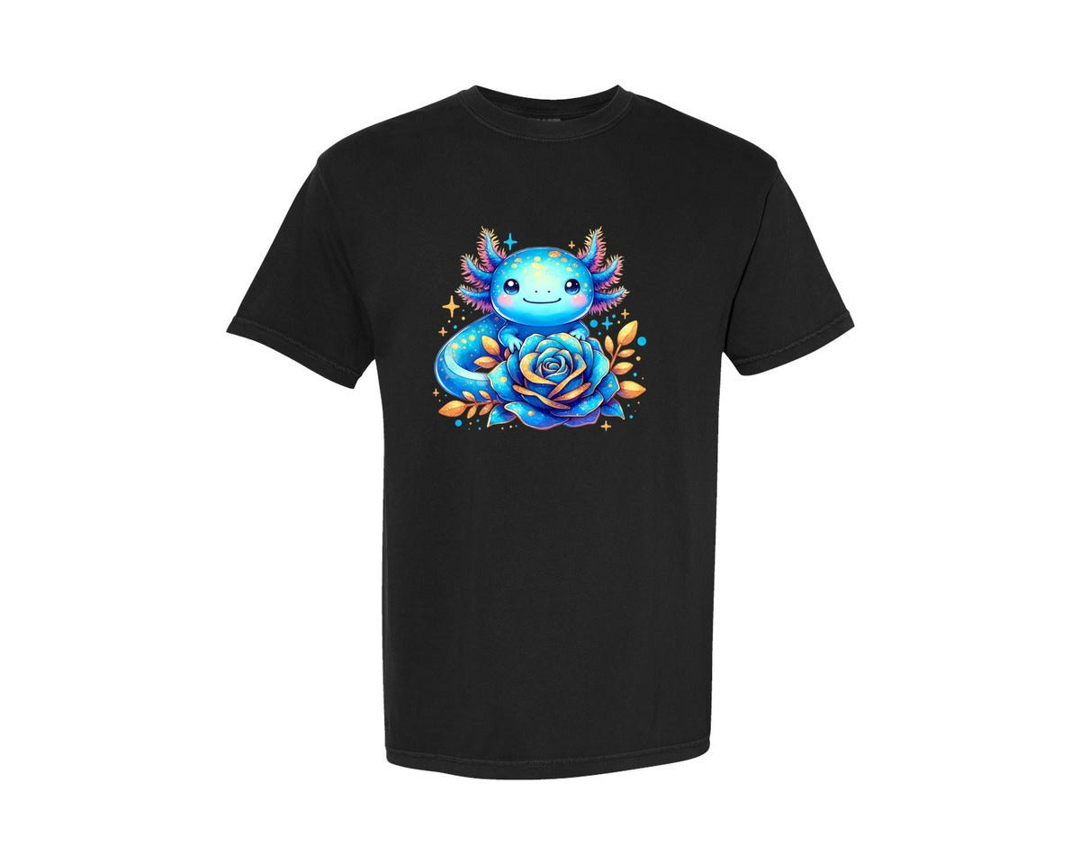 brand:Comfort Colors|color:Black|Blue Baby Axolotl Rose Flower Kids Graphic T-Shirt
